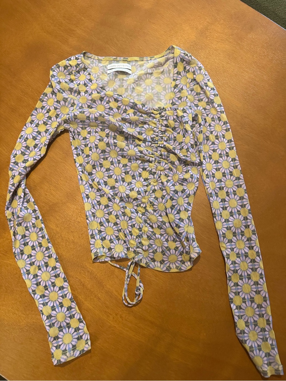 Urban Outfitters Lavender Daisy Ruched Long Sleeve Tee with Yellow Centers